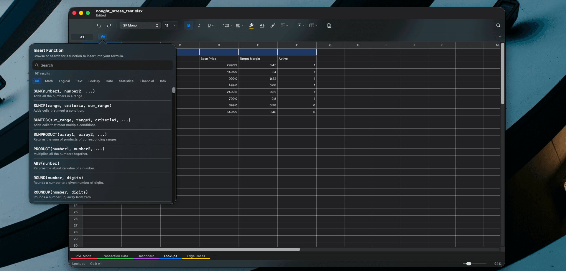 Nought spreadsheet in dark mode