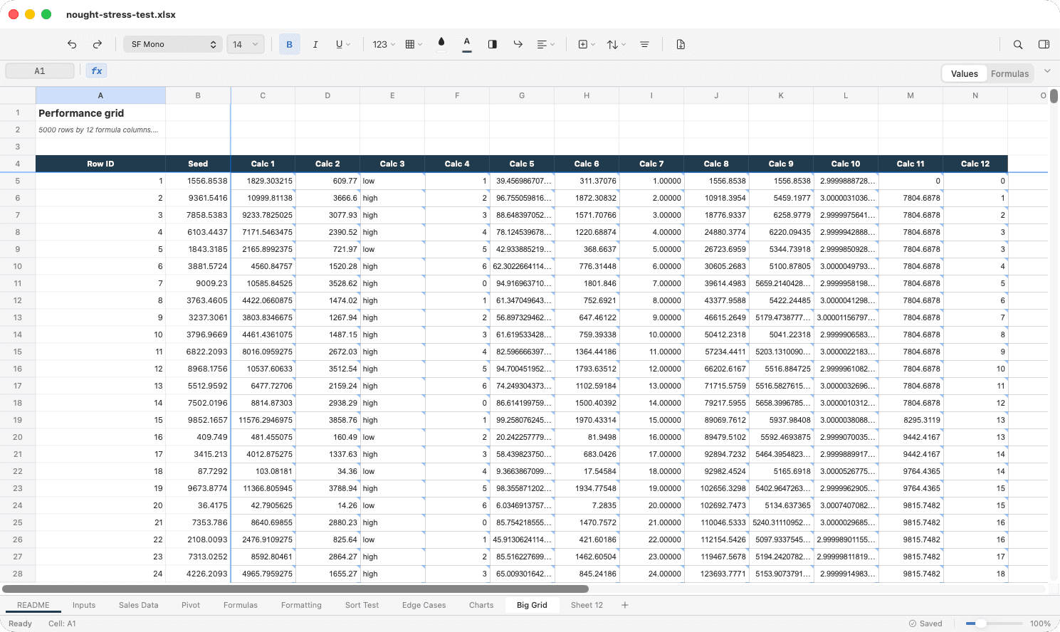 Nought holding a 5,000 row spreadsheet with twelve columns of live formulas, in a 5.6 MB app